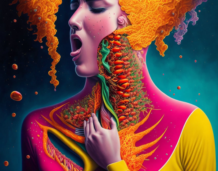 Colorful digital artwork: Woman with orange hair and vibrant neck transformation combining human anatomy and plant life.