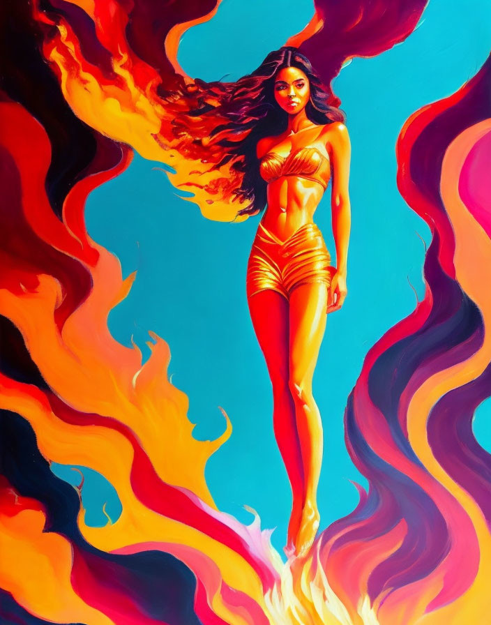 Vivid woman in golden bikini with flames and swirls on blue backdrop