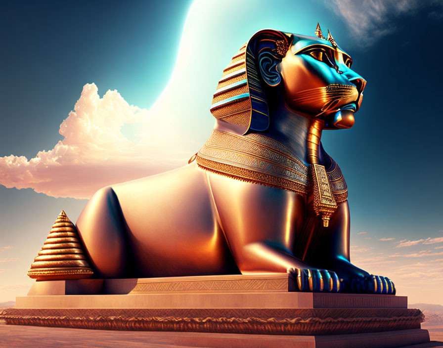 Digital artwork: Egyptian sphinx with human head in pharaoh's headdress, pyramids backdrop