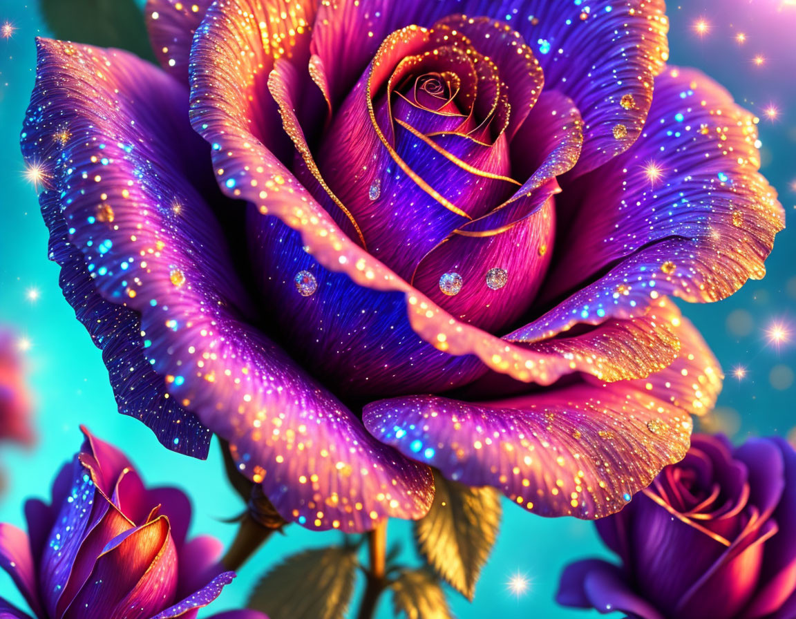 Digital Artwork: Purple Rose with Gold Highlights on Teal Background