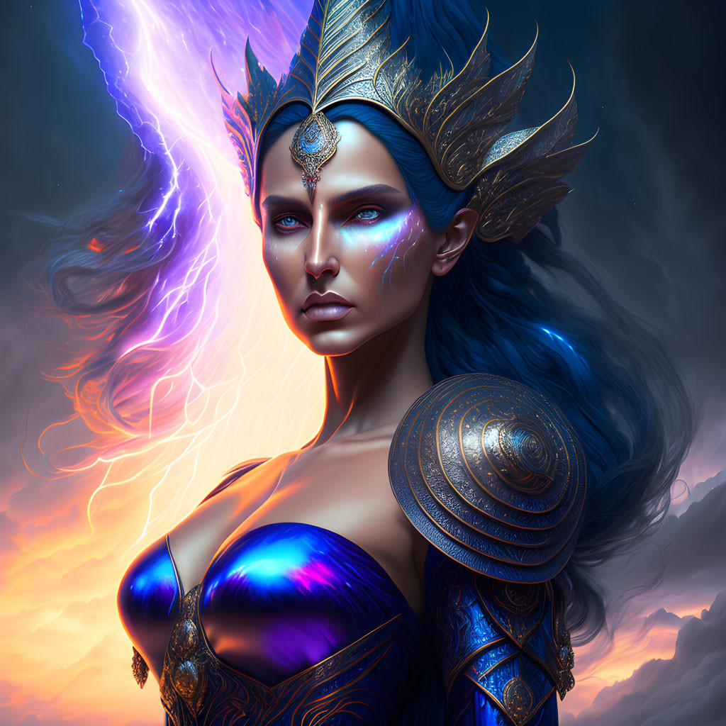 Majestic female figure with blue skin and gold headpiece in dramatic sky