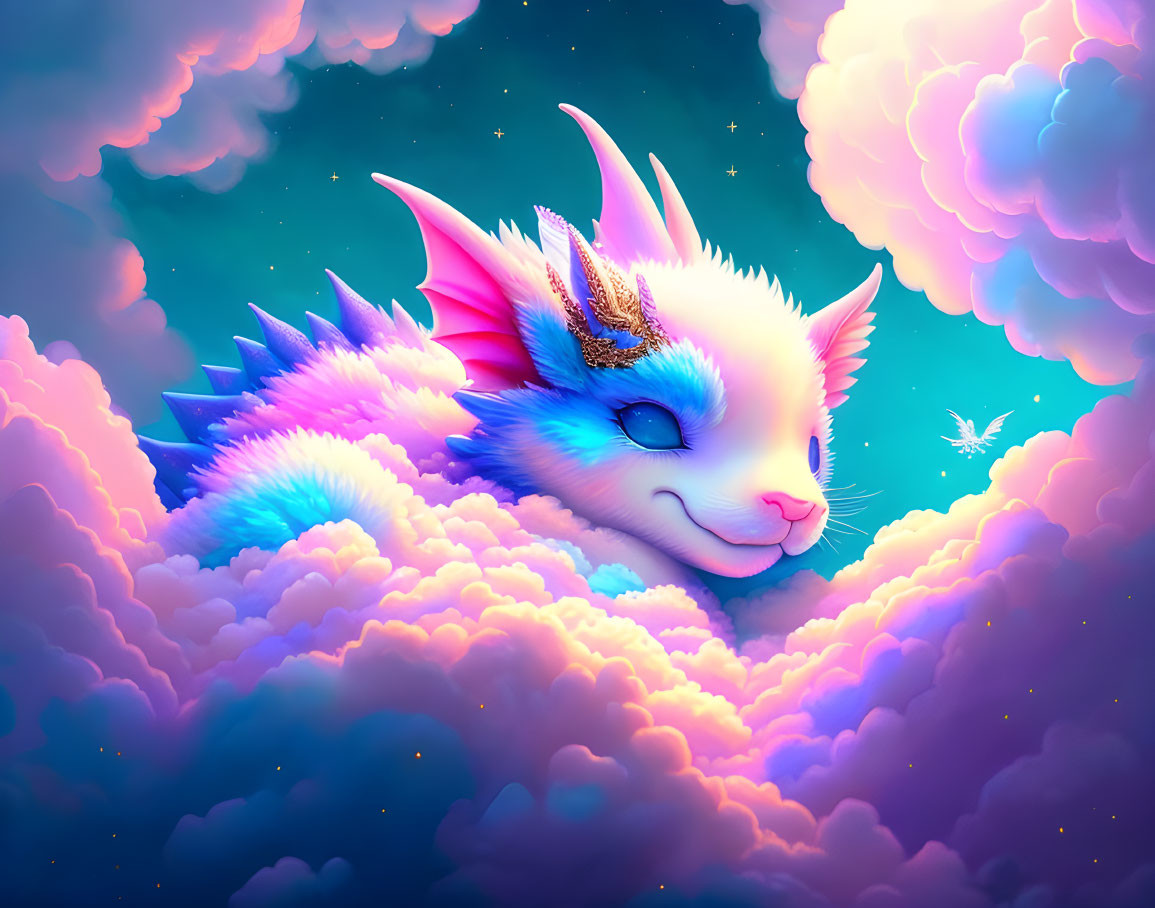 Colorful Dragon Kitten with Spikes in Sunset Sky