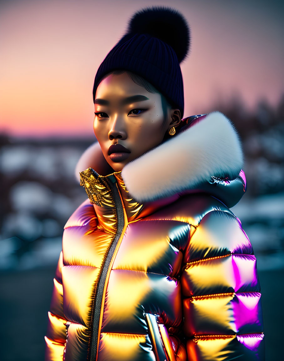 Shiny metallic puffer jacket and beanie worn at sunset