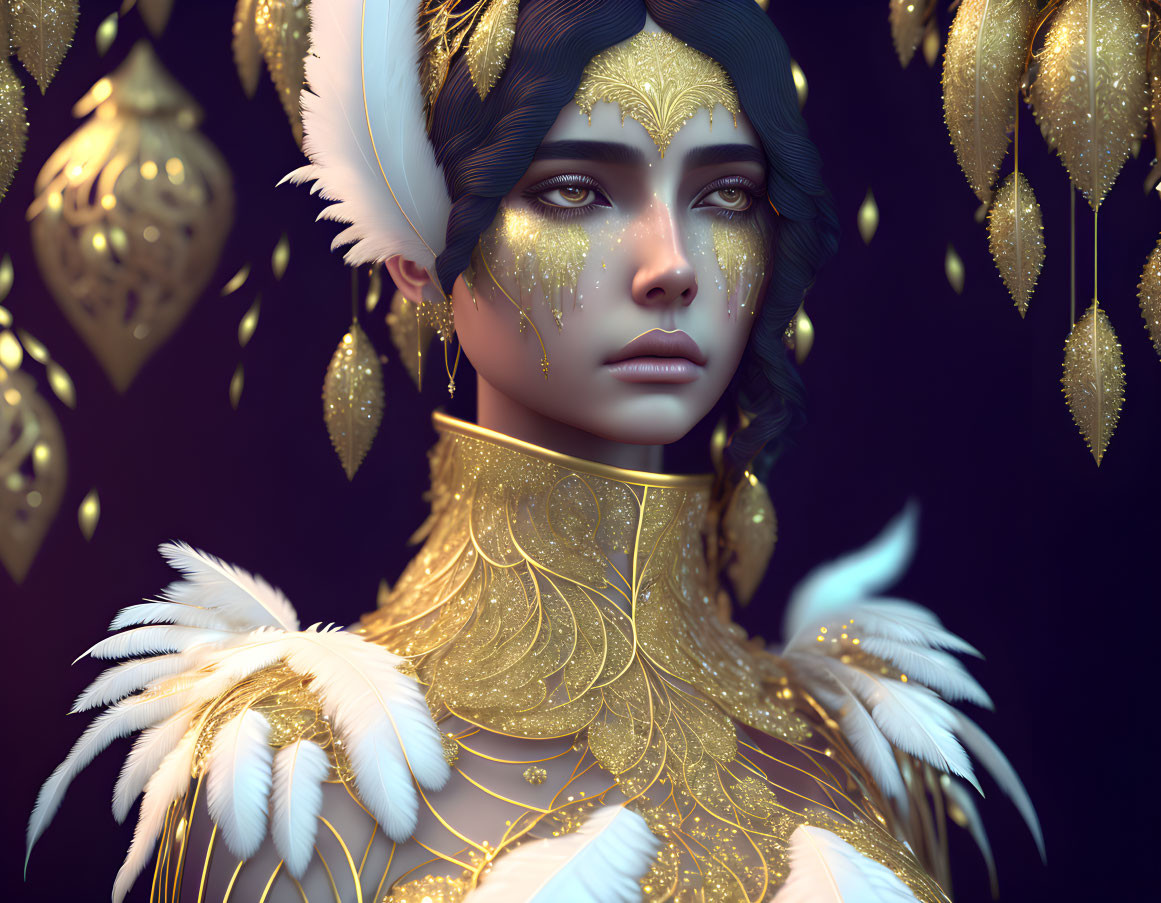 Fantastical portrait: Dark-haired woman with gold facial tattoos & feather collar against dark backdrop