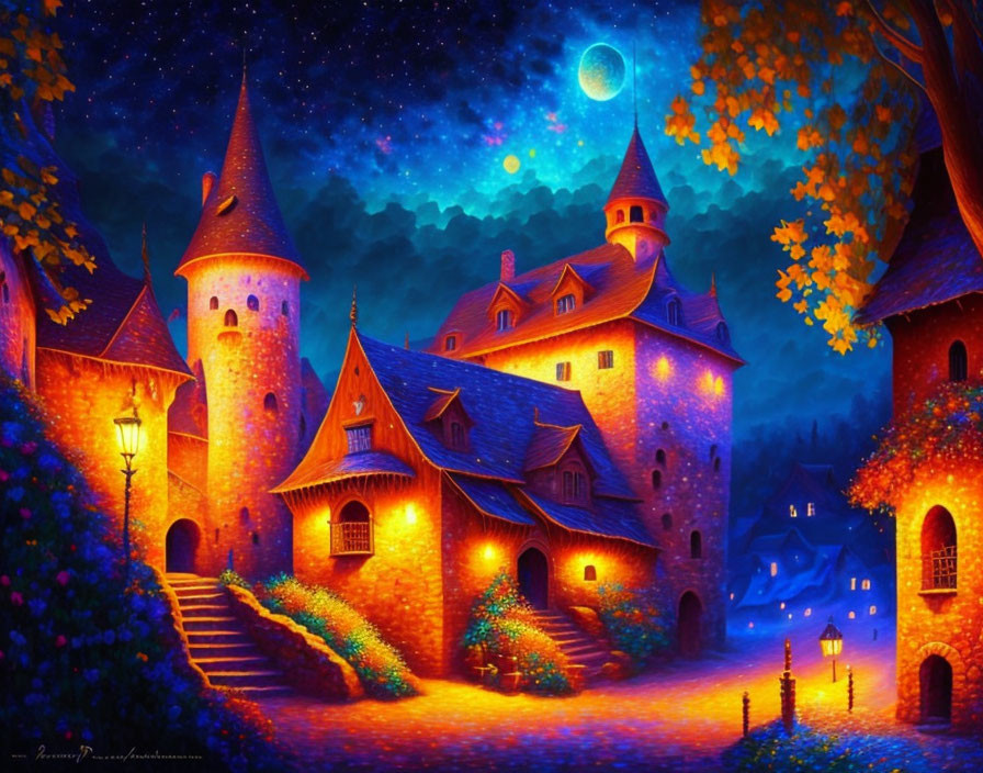 Fairytale castle at night surrounded by autumn trees