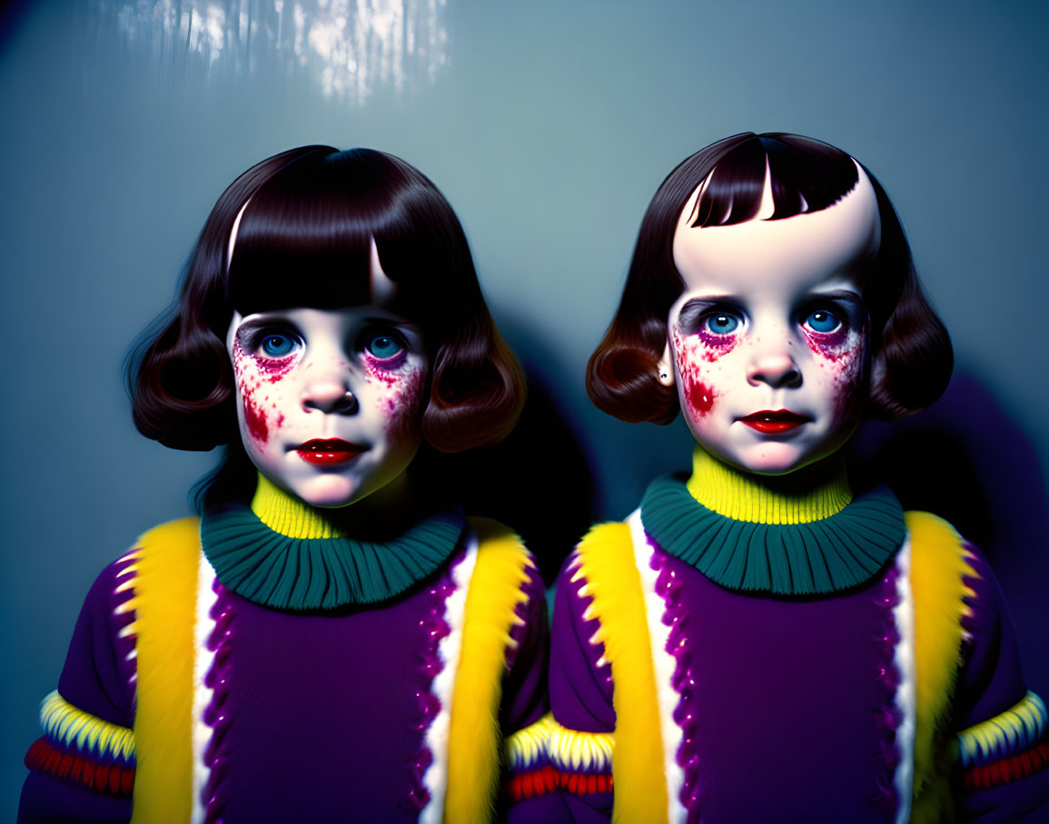 Identical dolls with bobbed hair and painted features in purple and yellow outfits