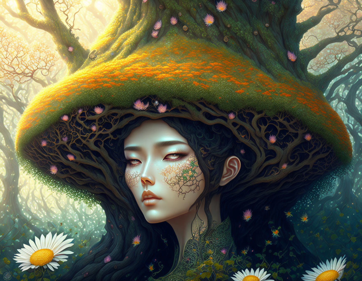 Mystical woman illustration with tree-like head and blossoms.