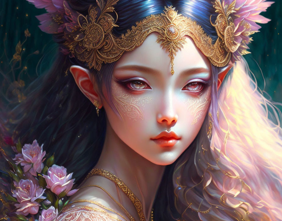 Female elf digital artwork with golden crown and pink flowers