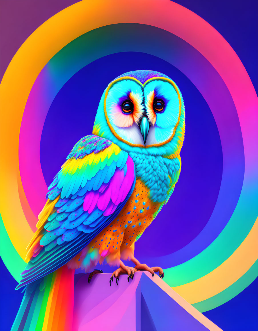 Colorful Owl Artwork with Neon Rainbow Background