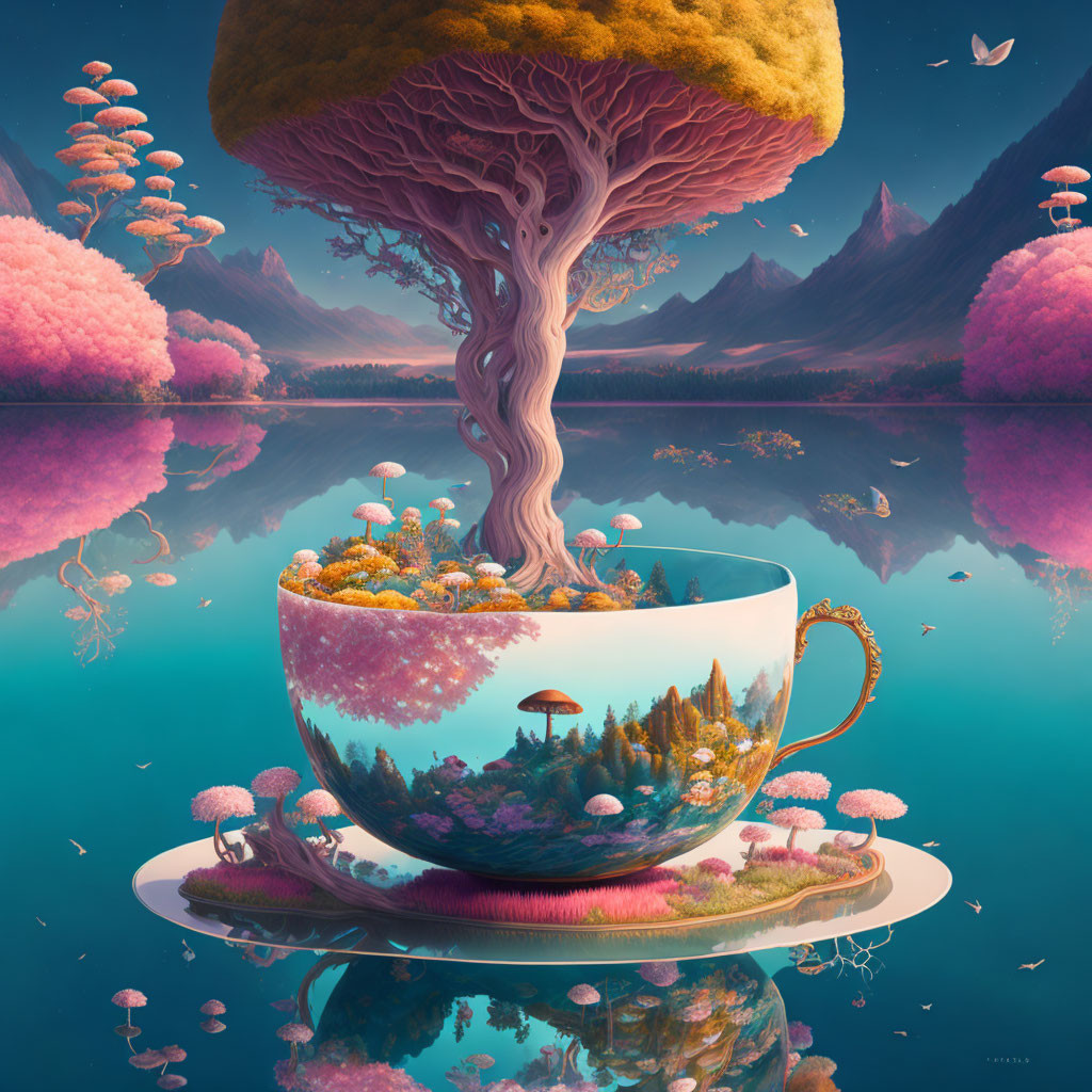 Illustration of large tree in teacup with pink flora, lake, mountains, and butterflies