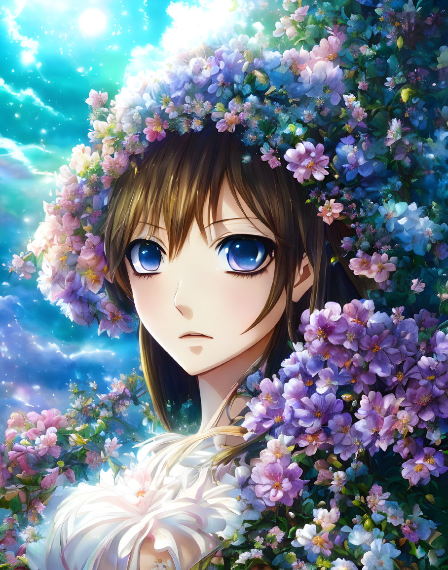 Illustrated female character with blue eyes in lush purple flower wreath