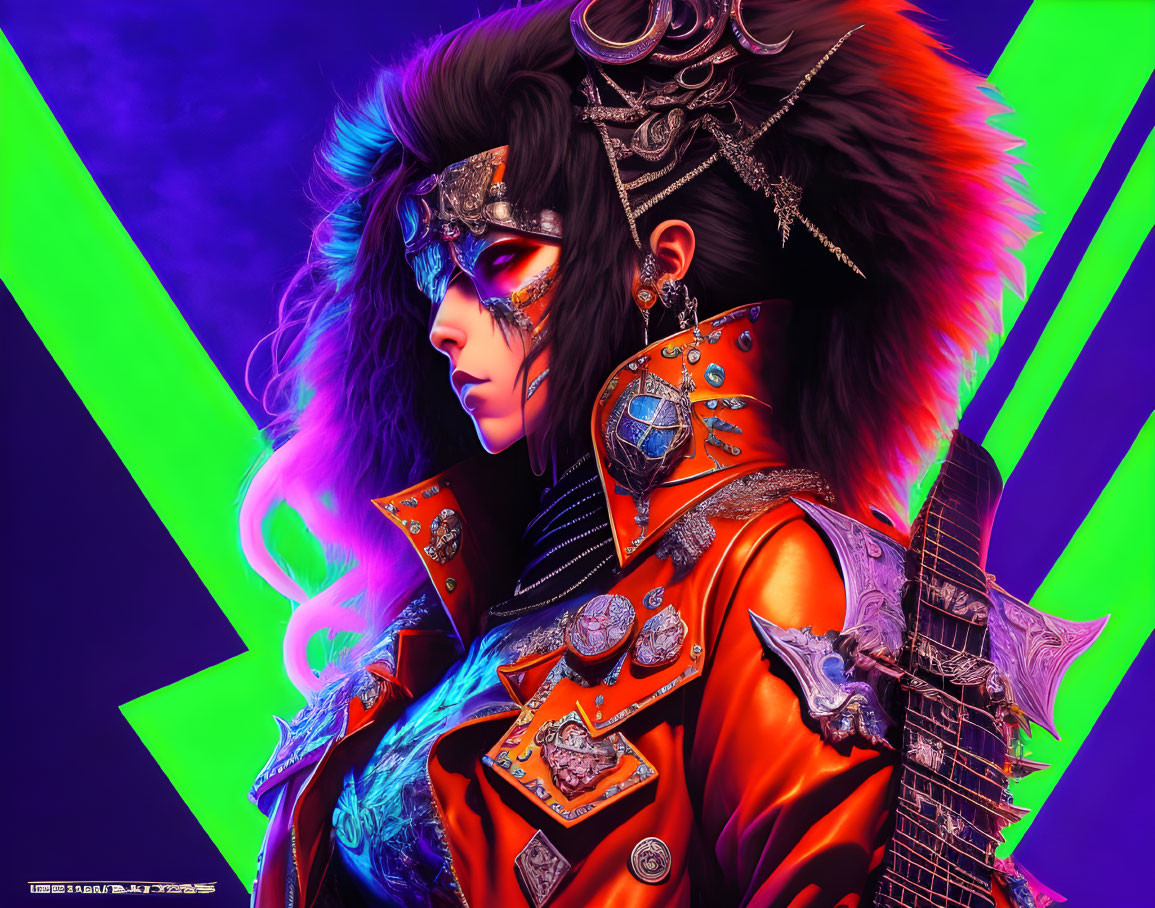 Colorful character illustration with ornate armor, purple hair, and eye mask on neon green and purple