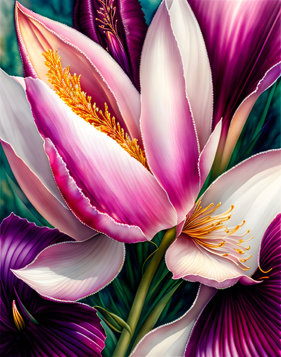 Detailed Close-up of Vibrant Purple and White Flowers with Yellow Stamens