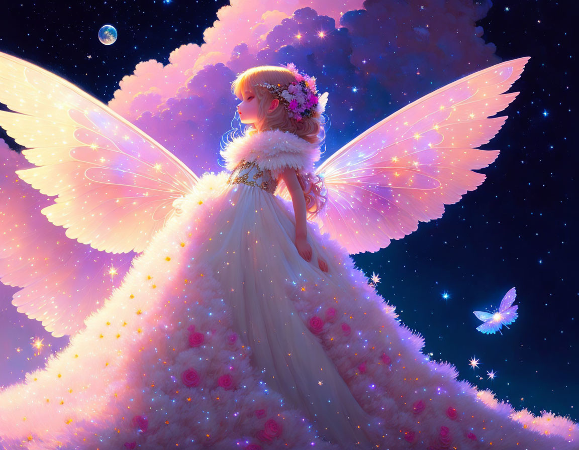 Illustration of angelic figure with radiant wings in floral gown against starry cosmos.