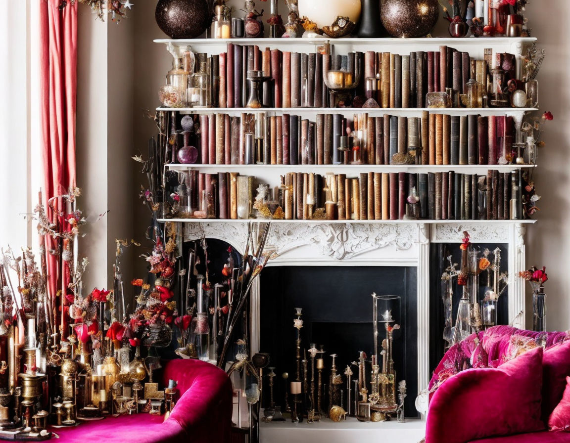 Cozy Room with White Ornate Fireplace and Pink Chairs