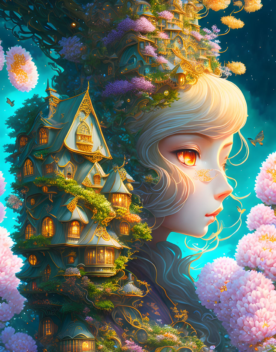 Detailed artwork: Female figure with glowing orange eyes and fantastical treehouse atop head amidst lush greenery