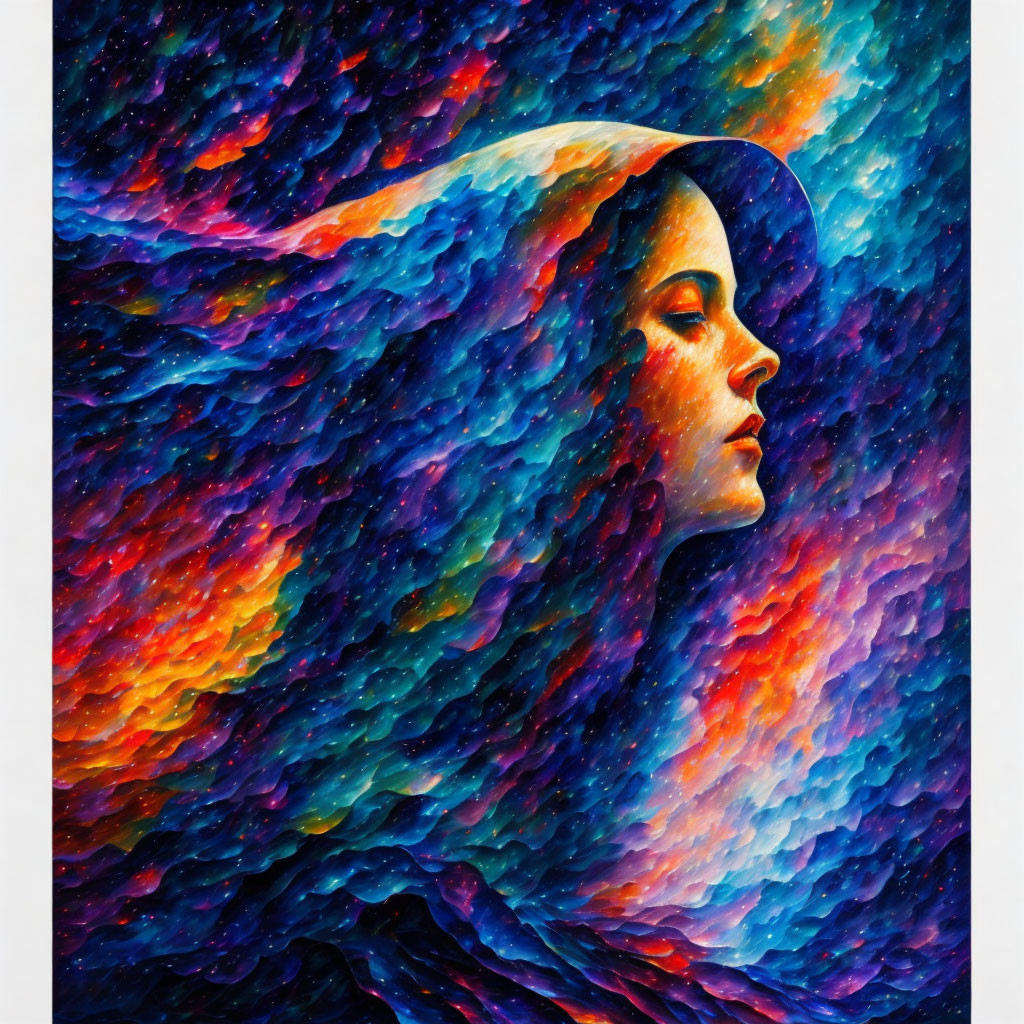 Woman's profile against cosmic background with hair blending into nebula pattern