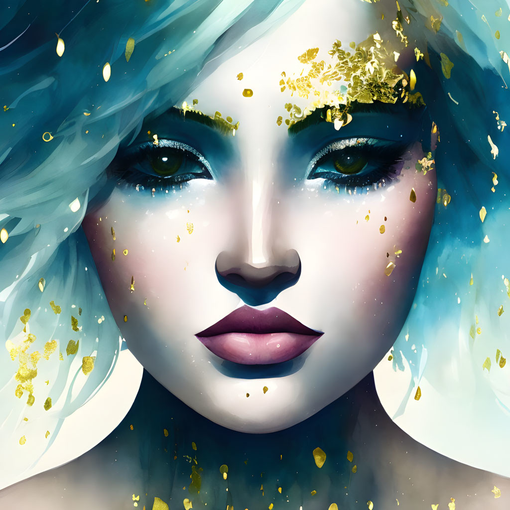 Woman's face illustration with turquoise hair and gold leaf details