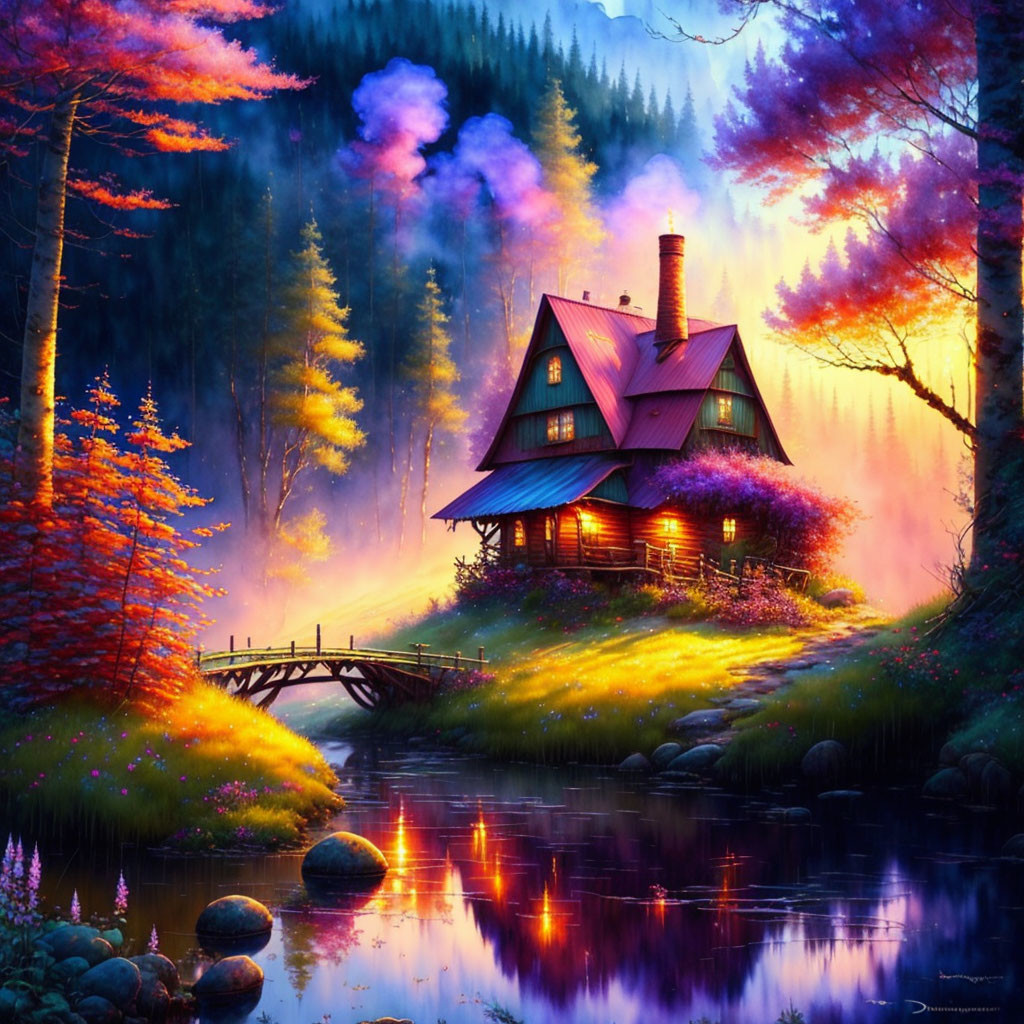 Cozy cabin in colorful forest by tranquil river at dusk