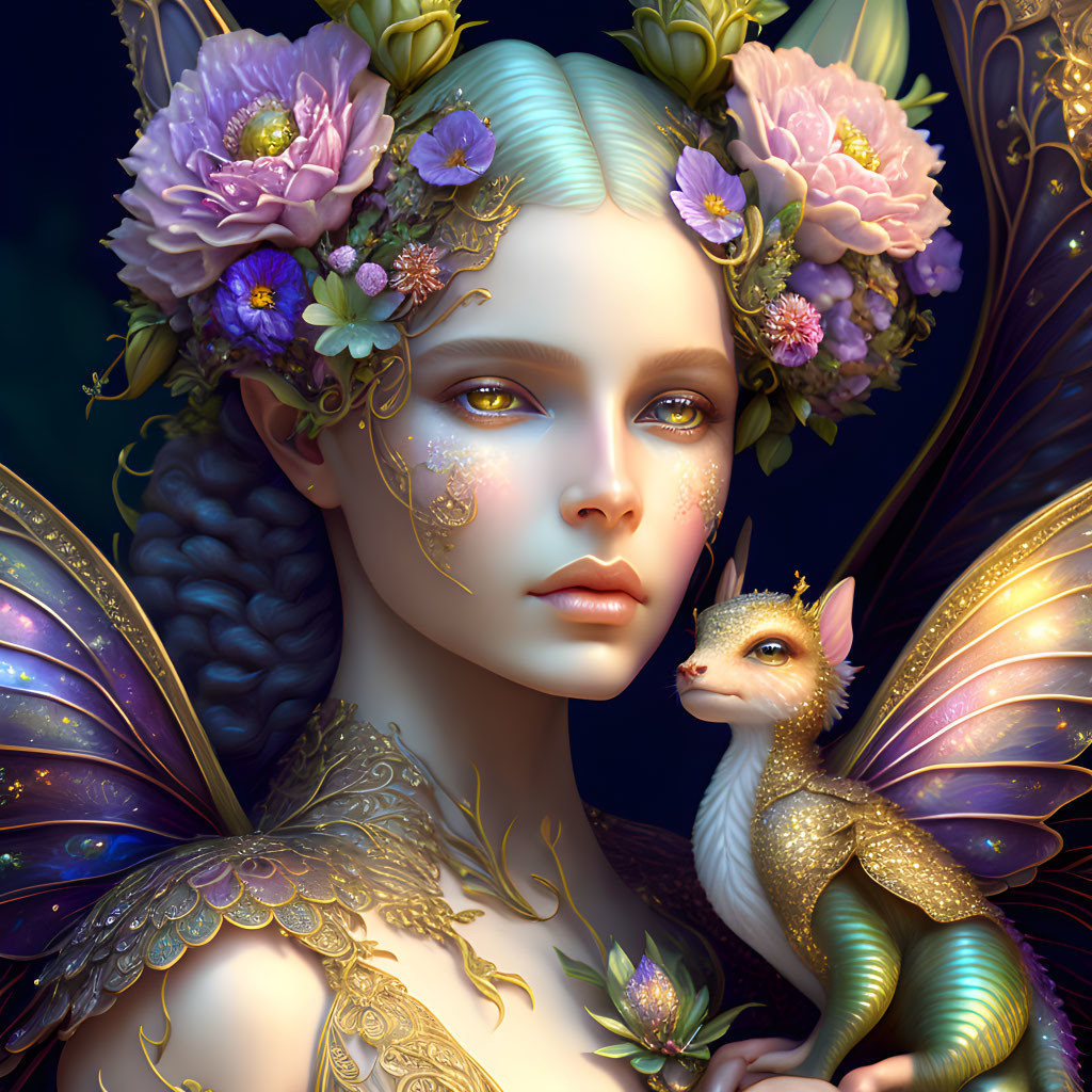 Fantasy portrait featuring woman with floral hair accessories and small dragon-like creature.