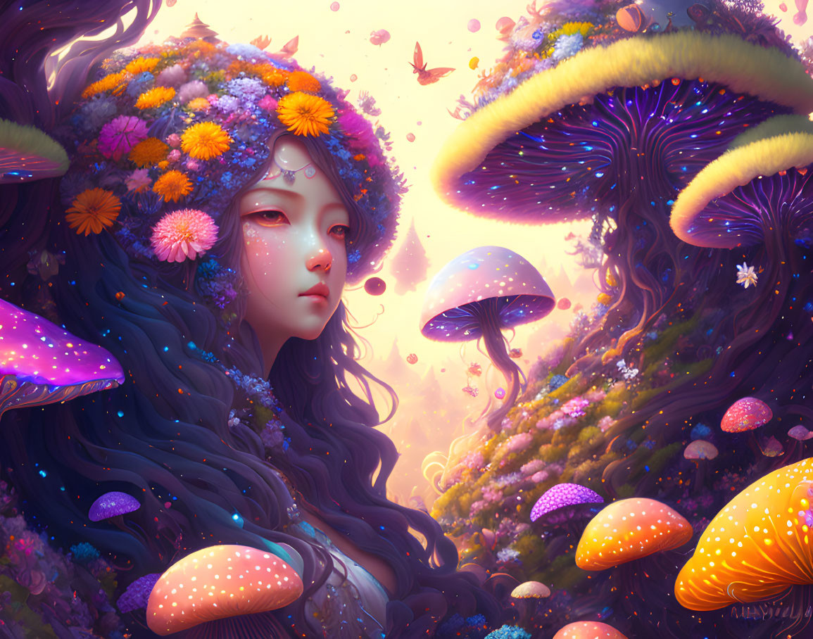 Fantastical female figure with flower and mushroom crown in vibrant, dreamy setting