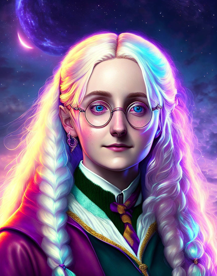 Digital illustration: Pale-skinned person with round glasses, white braided hair, crescent moon,