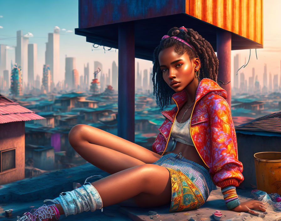 Woman exudes confidence in vibrant urban setting with futuristic buildings.