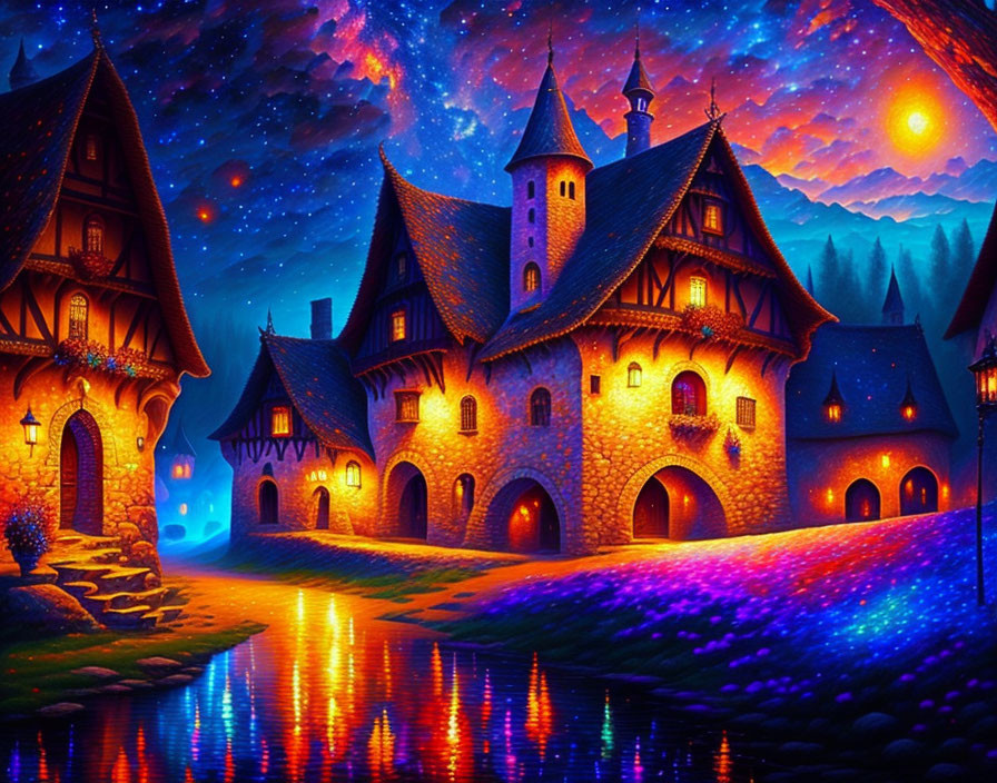 Fantasy-themed illustration of glowing castle reflected in water