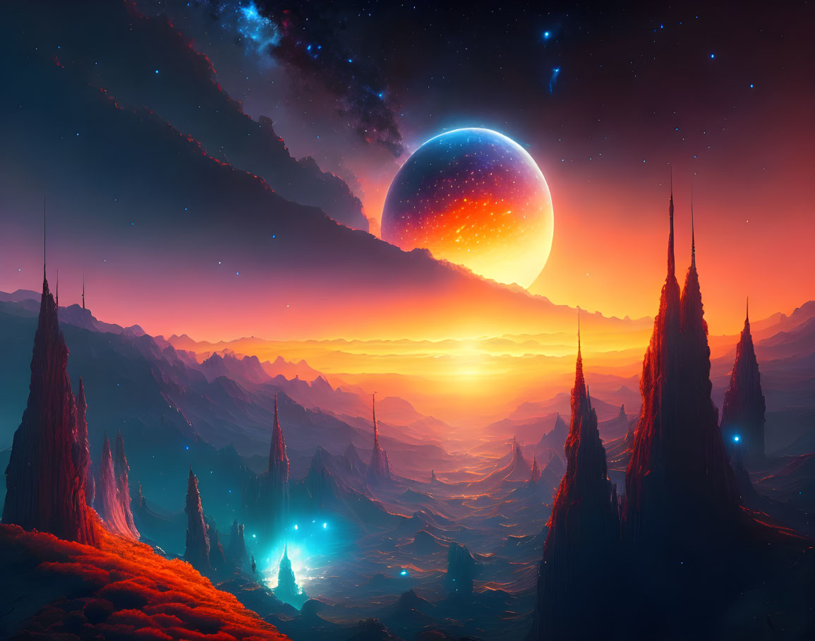 Sci-fi landscape with towering spires and glowing sunset horizon