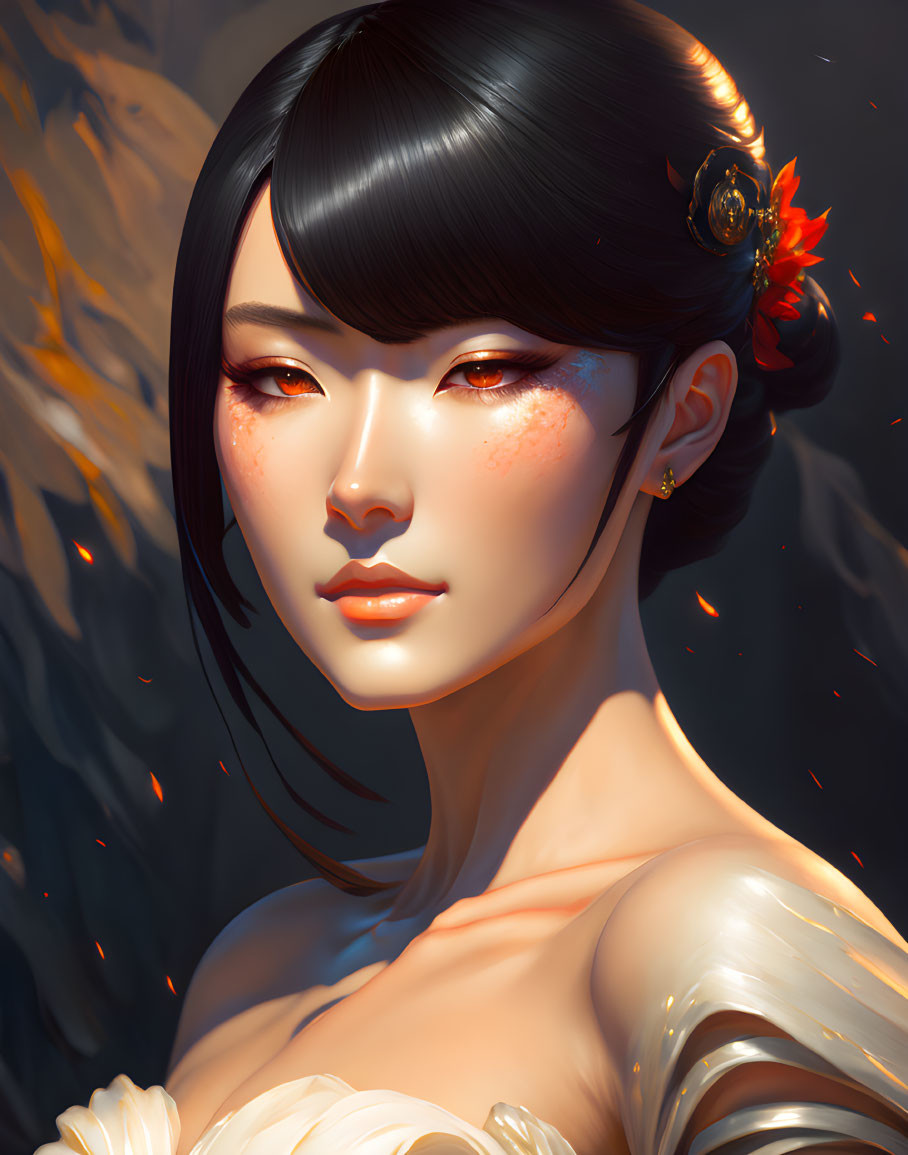 Elegant woman with black hair and flower in warm lighting and embers