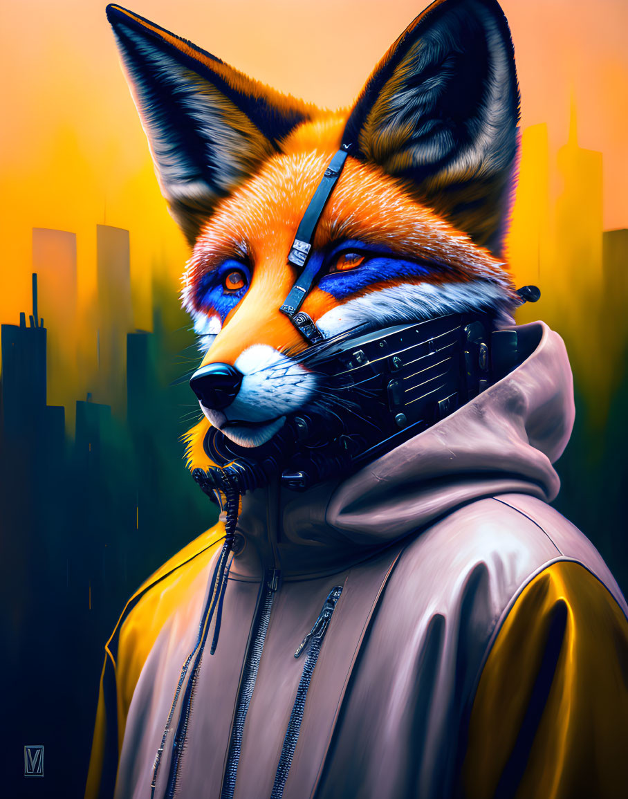 Fox with human-like features in futuristic attire against city skyline at dusk