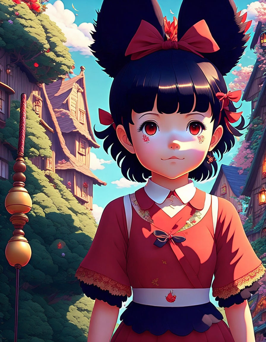 Cartoon girl in red dress with big eyes among colorful whimsical houses