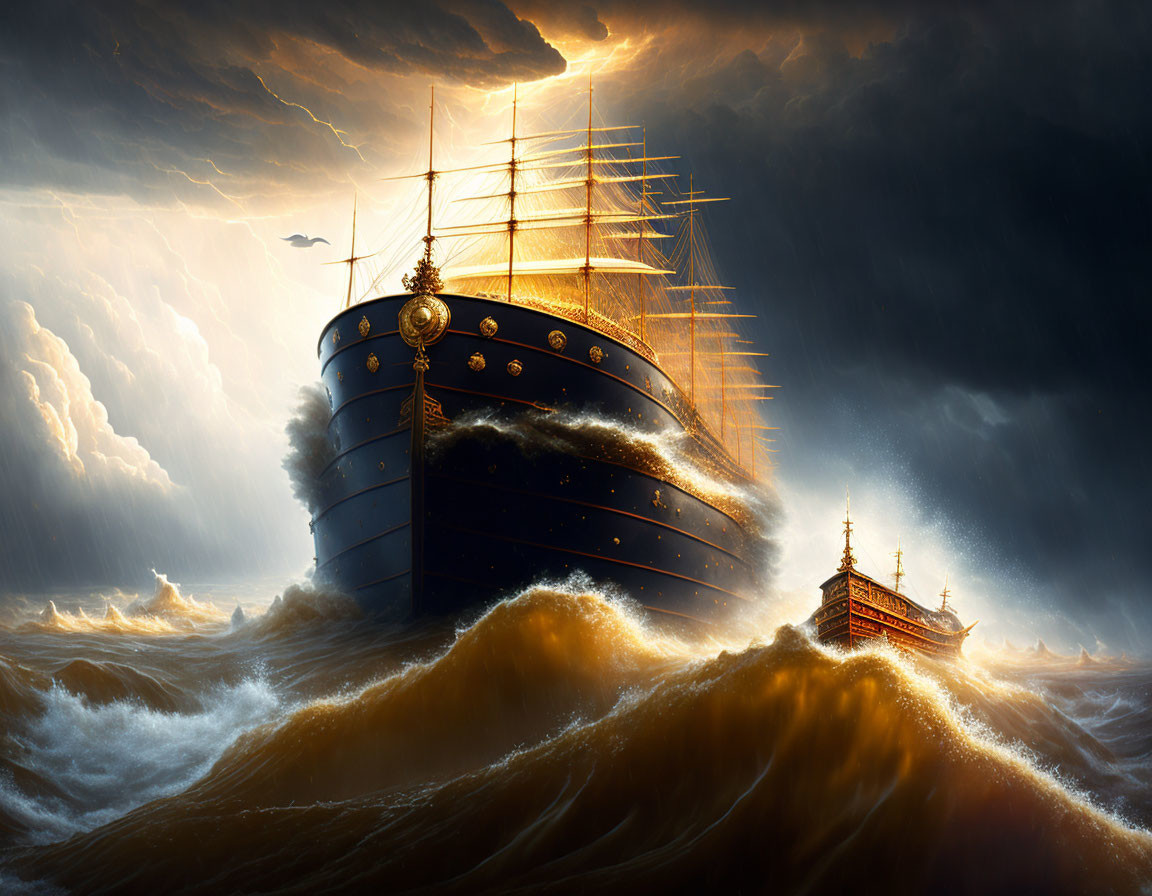 Majestic sailing ship on golden waves under stormy sky