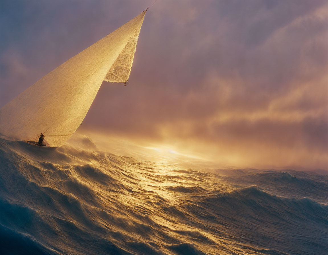 Sailboat on Large Wave in Glowing Sunset Seascape