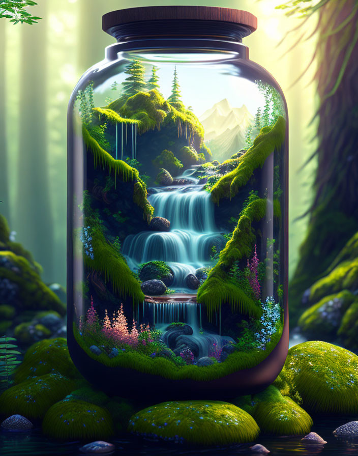 Lush terrarium with waterfalls and greenery in glass jar forest scene