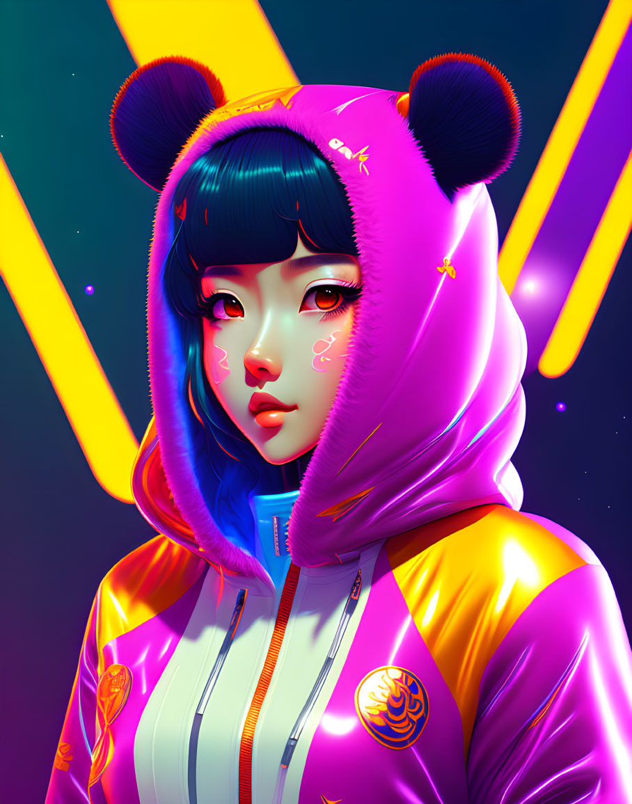 Stylized woman with blue hair in bear ear hoodie against glowing yellow shapes