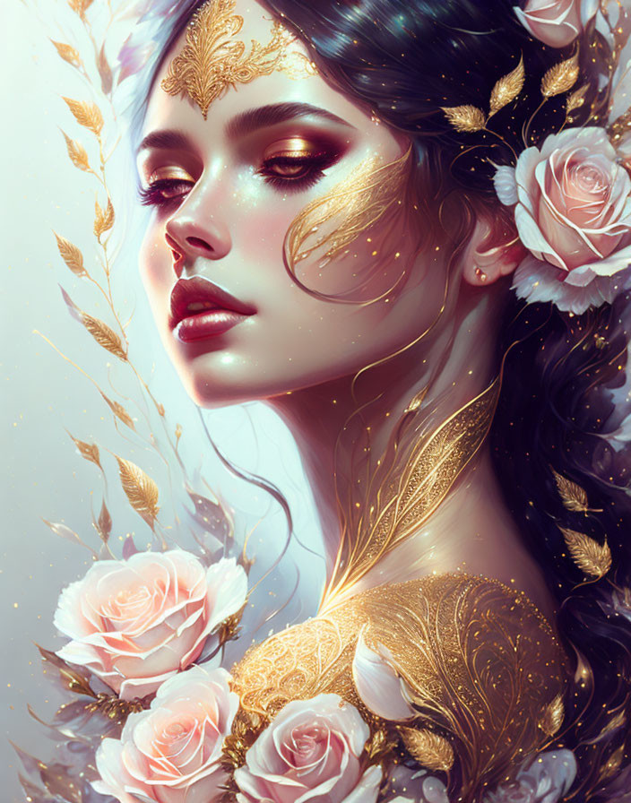 Portrait of woman with golden leaf patterns, pink roses, and gold hair accessories