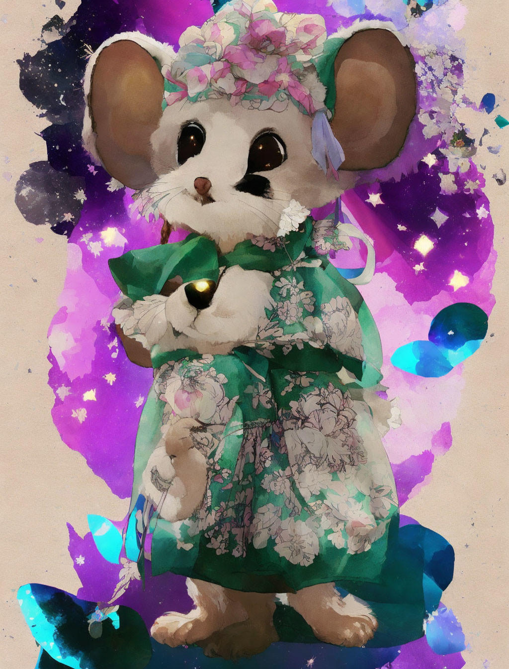 Illustration of mouse in floral dress with gem, surrounded by abstract shapes