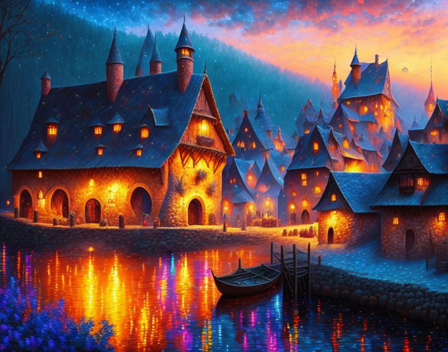 Colorful Illustration of Whimsical Village by Glowing Lake