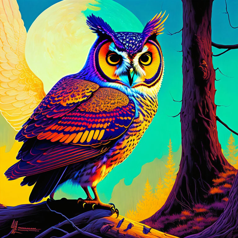 Colorful owl perched on branch under full moon.