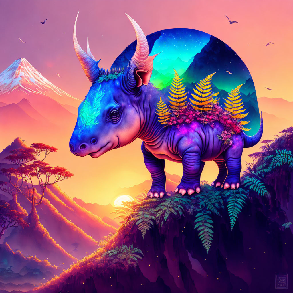 Fantastical blue rhinoceros with cosmic pattern in pink landscape