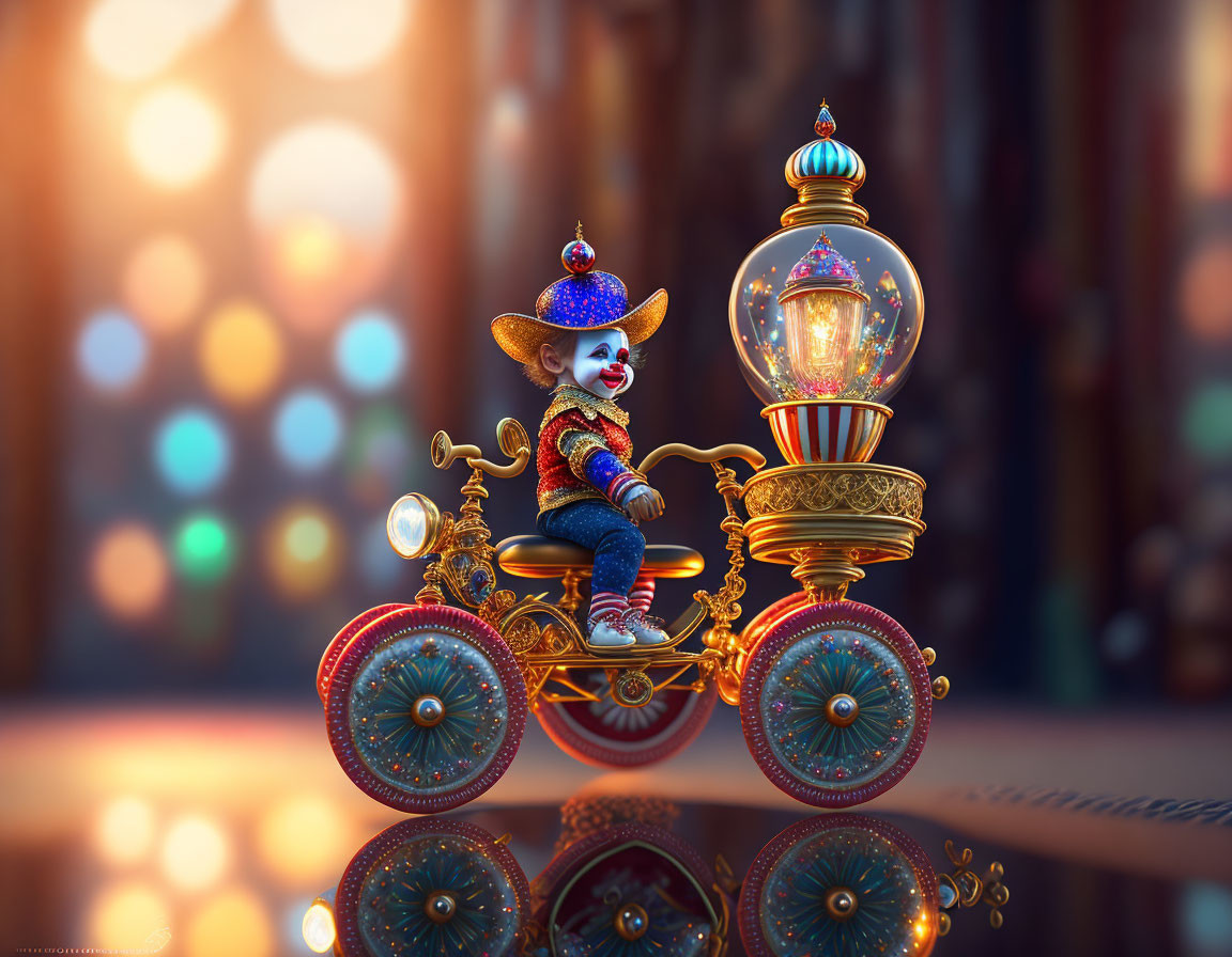 Colorful Clown Character on Ornate Carriage with Lantern in Bokeh Lights