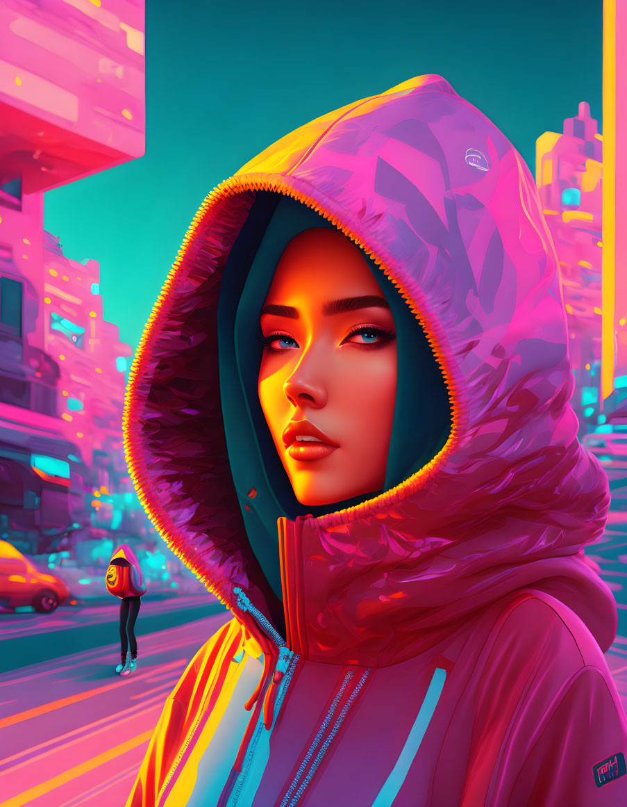 Digital Art: Woman in Colorful Hoodie Against Neon Cityscape