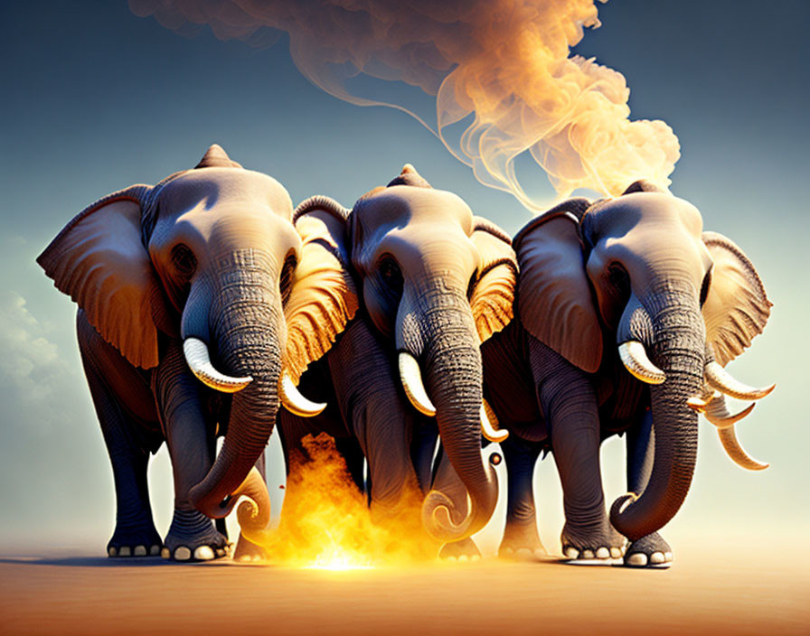 Majestic elephants with large tusks in fiery haze against blue sky