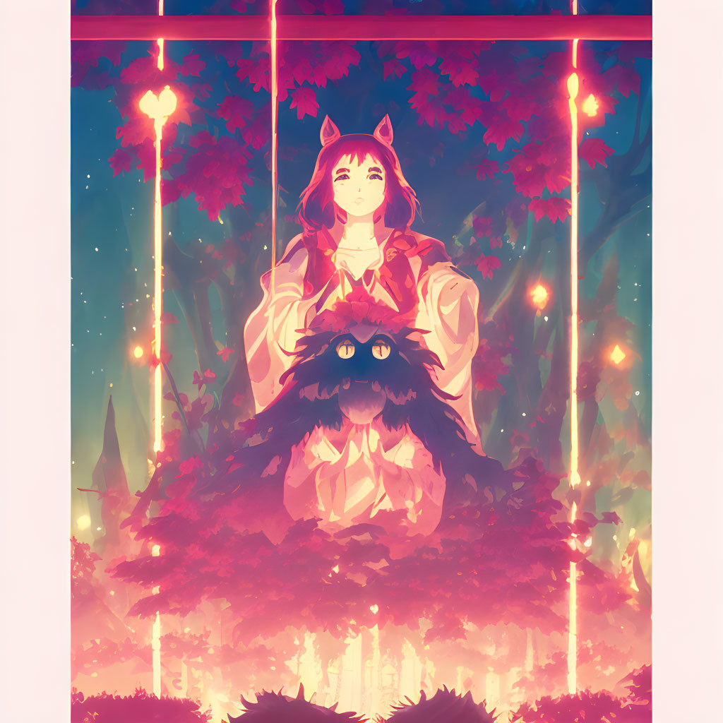 Anime style illustration of character with fox-like ears in mystical red forest.