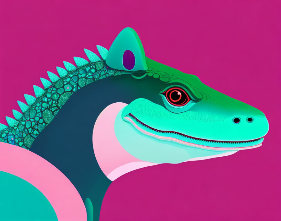 Vibrant Dinosaur Head Illustration in Green, Blue, and Pink