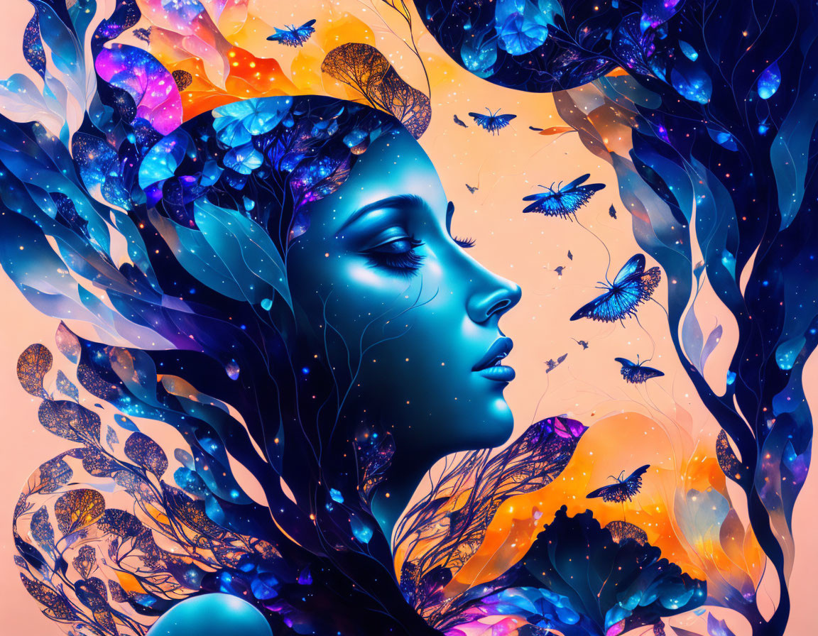 Colorful digital artwork: Woman with blue skin, butterflies, and flowers