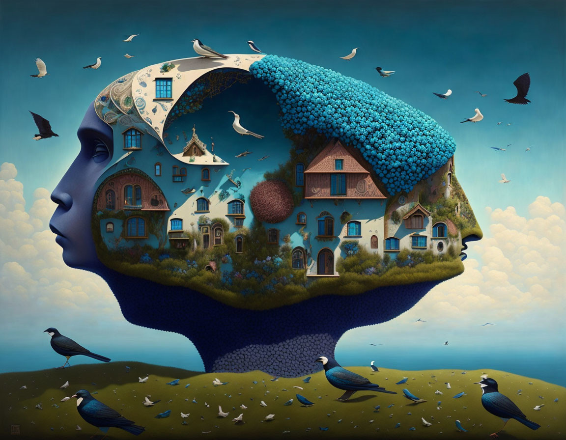 Surreal illustration: Heads form landscape with houses, trees, and birds against blue sky.