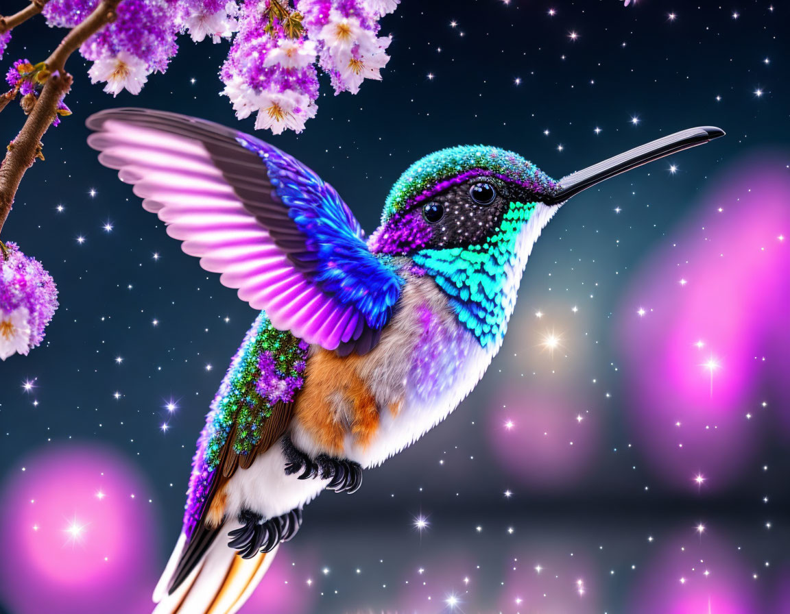 Colorful hummingbird among pink blossoms in starry night sky