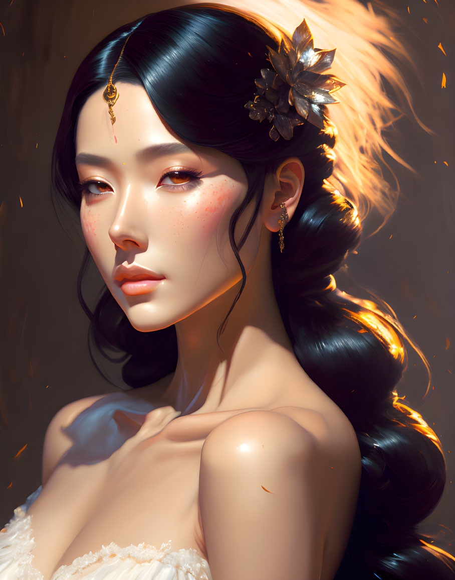 Illustration of graceful woman with dark hair, flower, jewelry, and freckles in warm light